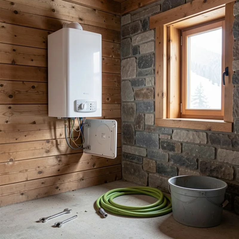 Chauffe-eau électrique mural dans un cellier de chalet savoyard, capot ouvert, outils posés au sol