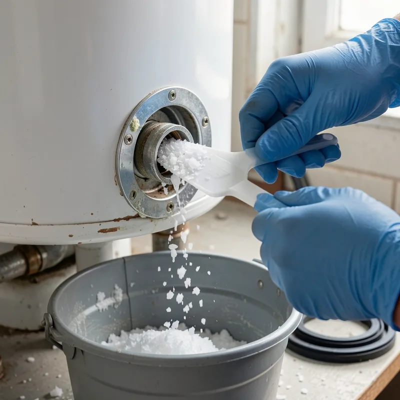 Mains gantées grattant le calcaire d’une bride de chauffe-eau avec une spatule plastique au-dessus d’un seau