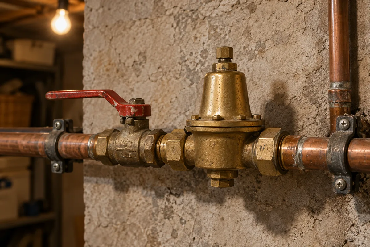 Réducteur de pression en laiton à cloche monté sur une canalisation en cuivre après une vanne d’arrêt, dans une cave