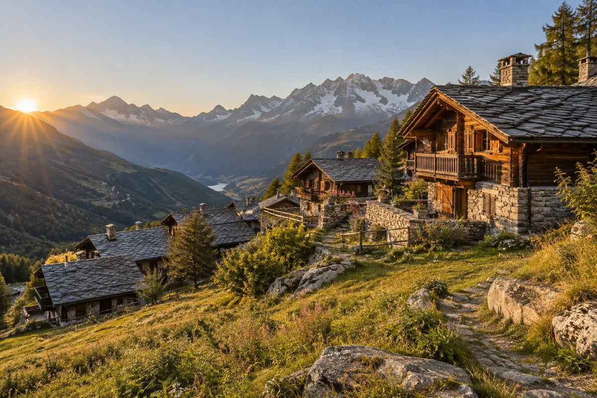 Hameau de montagne aux chalets de bois et toits de lauze sur un versant, en fin de journée