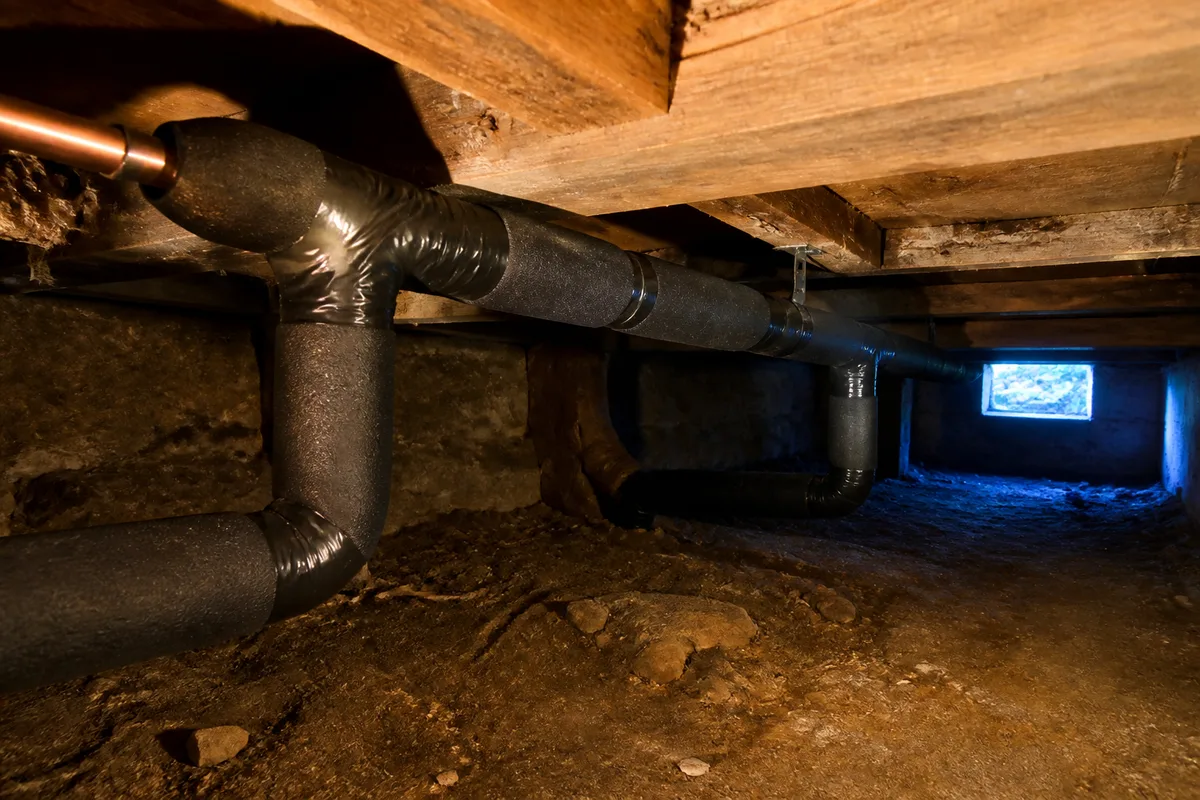 Manchons isolants noirs posés sur un réseau de cuivre en vide sanitaire de chalet, coudes entièrement recouverts