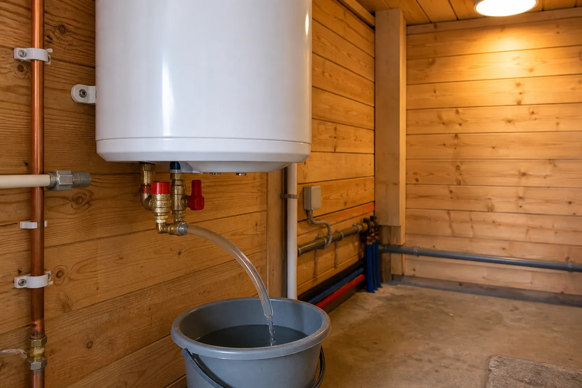 Robinet de vidange ouvert sous un chauffe-eau de chalet, tuyau souple dirigé vers un seau, ambiance hivernale