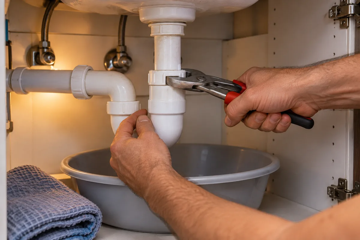 Mains dévissant l’écrou d’un siphon en plastique blanc sous une vasque, bassine posée dessous et chiffon sur le rebord du meuble