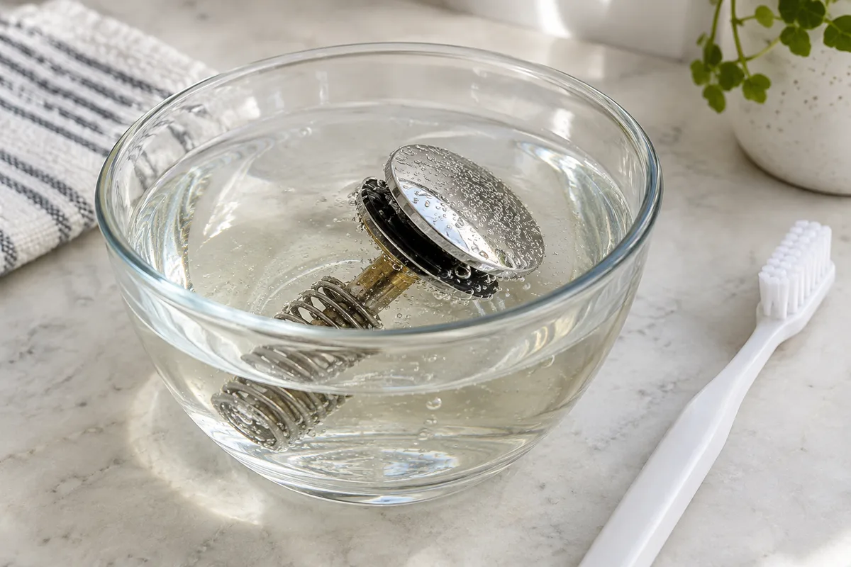 Clapet de bonde chromé trempant dans un bol en verre rempli de vinaigre blanc, brosse à dents posée à côté
