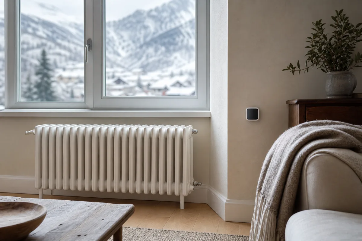 Radiateur et thermostat connecté dans un salon de vallée savoyarde, lumière naturelle d&rsquo;hiver