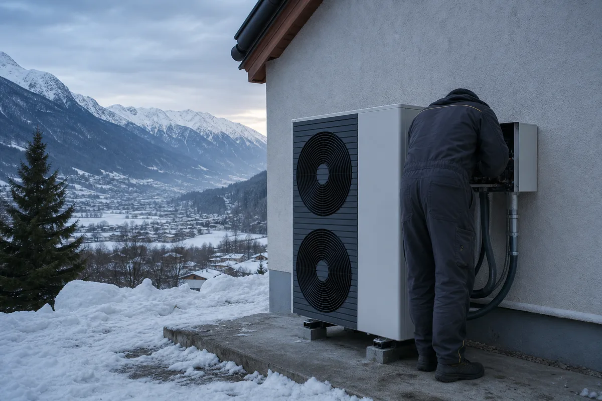 Technicien réglant le tableau de régulation d&rsquo;une pompe à chaleur en extérieur, paysage de montagne enneigé
