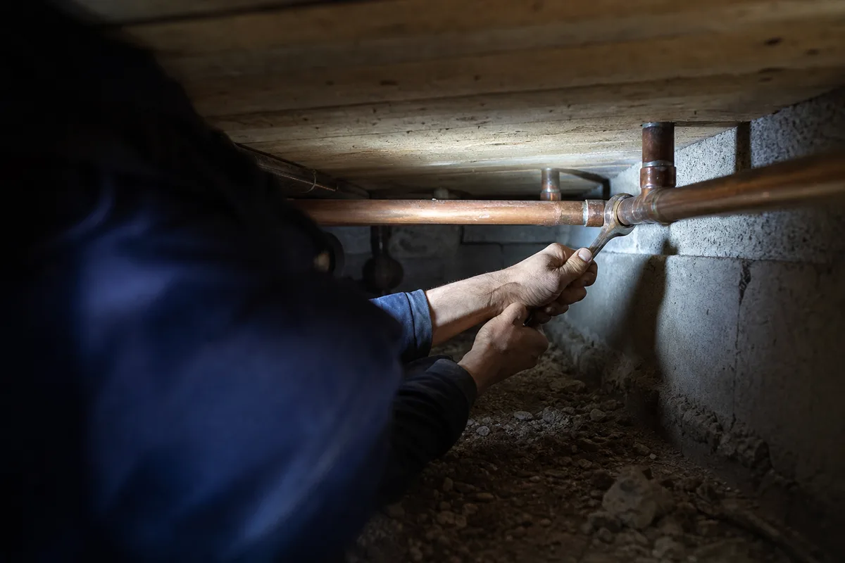 Plombier en intervention sur un réseau de canalisations en cuivre dans un vide sanitaire, lumière froide de lampe torche
