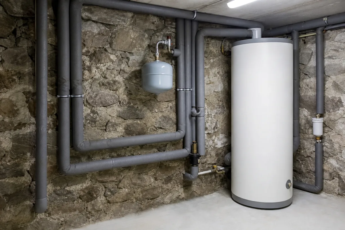 Ballon d&rsquo;eau chaude et tuyauterie calorifugée dans une chaufferie de maison individuelle, ambiance montagnarde