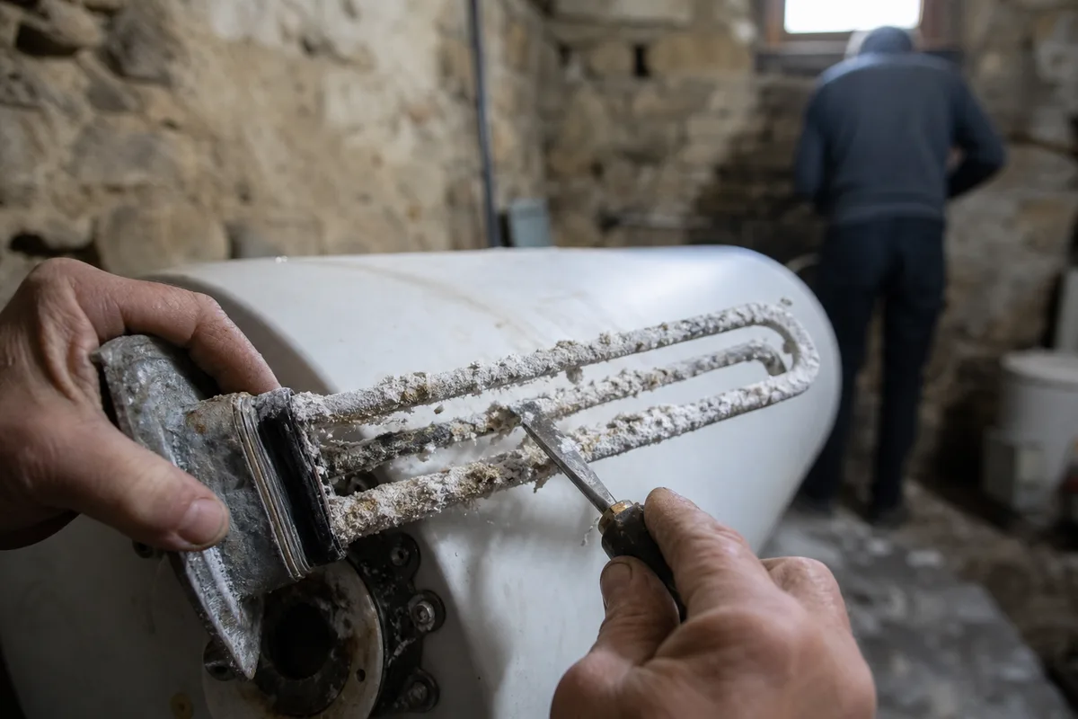 Détartrage d’un ballon d’eau chaude dans une cave de chalet savoyard
