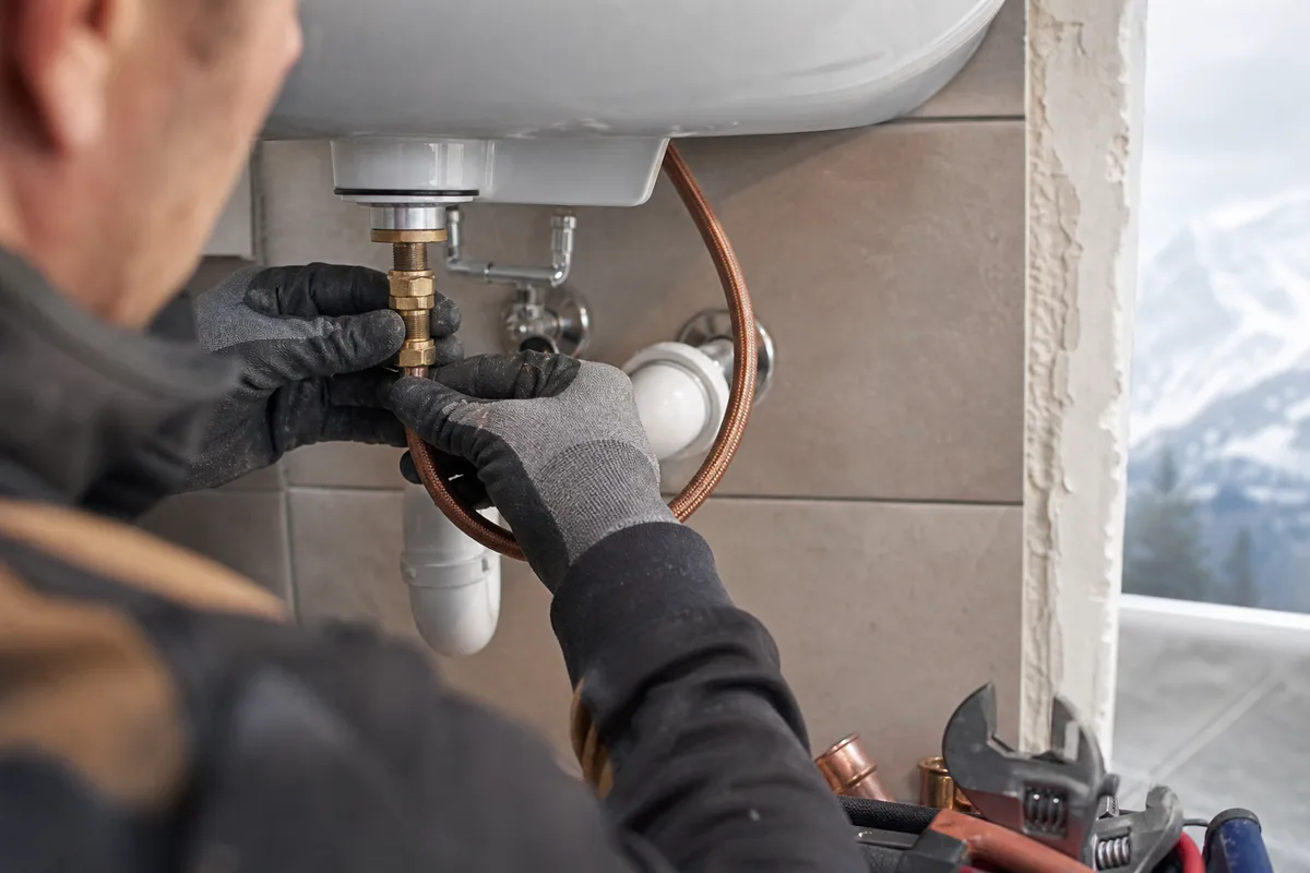 Tuyauterie de salle de bain en cours de rénovation, mains gantées raccordant une arrivée d&rsquo;eau