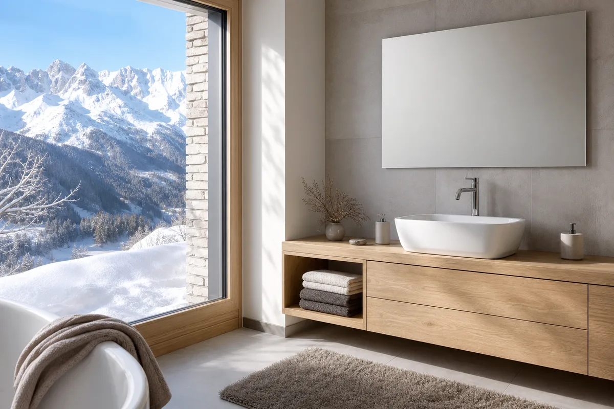 Vasque suspendue et meuble en bois clair dans une salle de bain lumineuse avec vue sur les sommets savoyards
